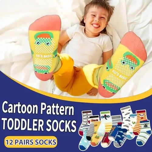 HYCLES Anti Slip Toddler Socks, 12 Pairs Non-Skid Cotton Grip Kid Socks for 1-7T Boy Girl 6-12 Month Baby - 2