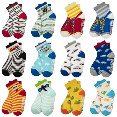 HYCLES Anti Slip Toddler Socks, 12 Pairs Non-Skid Cotton Grip Kid Socks for 1-7T Boy Girl 6-12 Month Baby 