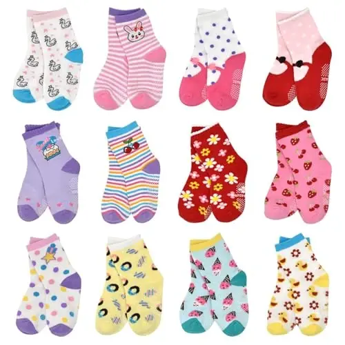 HYCLES Anti Slip Toddler Socks, 12 Pairs Non-Skid Cotton Grip Kid Socks for 1-7T Boy Girl 6-12 Month Baby 