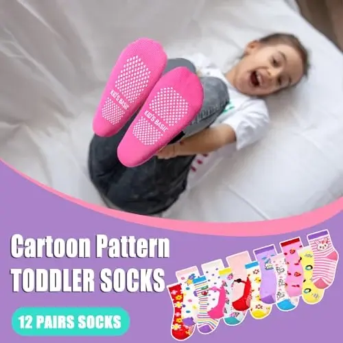 HYCLES Anti Slip Toddler Socks, 12 Pairs Non-Skid Cotton Grip Kid Socks for 1-7T Boy Girl 6-12 Month Baby - 2