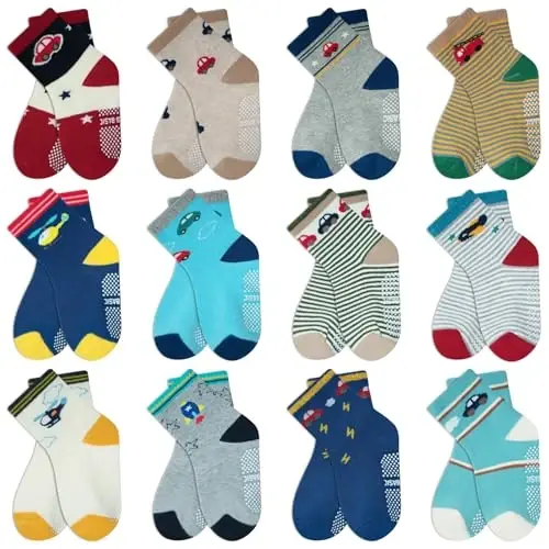 HYCLES Anti Slip Toddler Socks, 12 Pairs Non-Skid Cotton Grip Kid Socks for 1-7T Boy Girl 6-12 Month Baby 