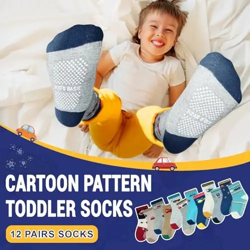 HYCLES Anti Slip Toddler Socks, 12 Pairs Non-Skid Cotton Grip Kid Socks for 1-7T Boy Girl 6-12 Month Baby - 2