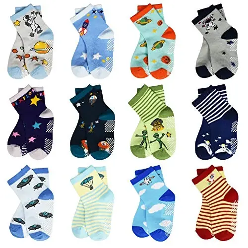HYCLES Anti Slip Toddler Socks, 12 Pairs Non-Skid Cotton Grip Kid Socks for 1-7T Boy Girl 6-12 Month Baby 