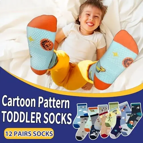 HYCLES Anti Slip Toddler Socks, 12 Pairs Non-Skid Cotton Grip Kid Socks for 1-7T Boy Girl 6-12 Month Baby - 2