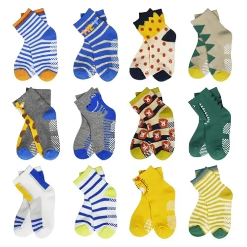 HYCLES Anti Slip Toddler Socks, 12 Pairs Non-Skid Cotton Grip Kid Socks for 1-7T Boy Girl 6-12 Month Baby - HYCLES