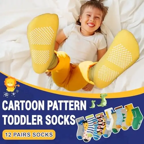 HYCLES Anti Slip Toddler Socks, 12 Pairs Non-Skid Cotton Grip Kid Socks for 1-7T Boy Girl 6-12 Month Baby - 3