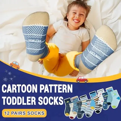 HYCLES Anti Slip Toddler Socks, 12 Pairs Non-Skid Cotton Grip Kid Socks for 1-7T Boy Girl 6-12 Month Baby - 2