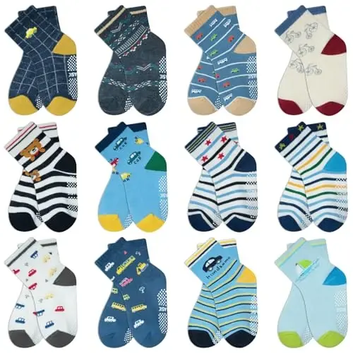 HYCLES Anti Slip Toddler Socks, 12 Pairs Non-Skid Cotton Grip Kid Socks for 1-7T Boy Girl 6-12 Month Baby 