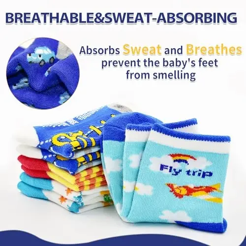 HYCLES Anti Slip Toddler Socks, 12 Pairs Non-Skid Cotton Grip Kid Socks for 1-7T Boy Girl 6-12 Month Baby - 5