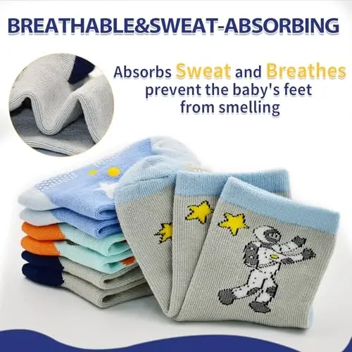 HYCLES Anti Slip Toddler Socks, 12 Pairs Non-Skid Cotton Grip Kid Socks for 1-7T Boy Girl 6-12 Month Baby - 5