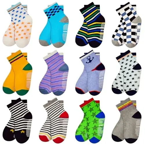 HYCLES Anti Slip Toddler Socks, 12 Pairs Non-Skid Cotton Grip Kid Socks for 1-7T Boy Girl 6-12 Month Baby 