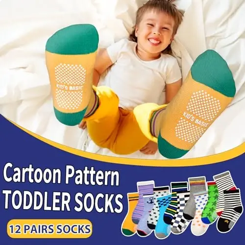 HYCLES Anti Slip Toddler Socks, 12 Pairs Non-Skid Cotton Grip Kid Socks for 1-7T Boy Girl 6-12 Month Baby - 2
