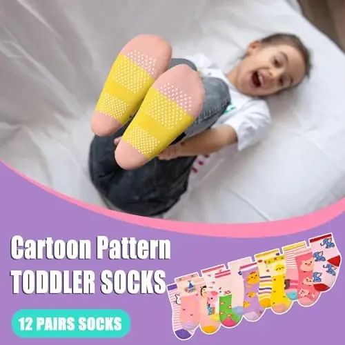 HYCLES Anti Slip Toddler Socks, 12 Pairs Non-Skid Cotton Grip Kid Socks for 1-7T Boy Girl 6-12 Month Baby - 2