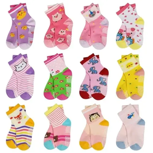 HYCLES Anti Slip Toddler Socks, 12 Pairs Non-Skid Cotton Grip Kid Socks for 1-7T Boy Girl 6-12 Month Baby 