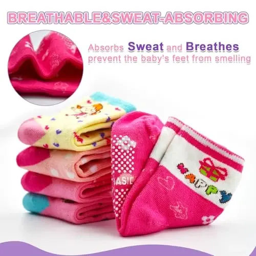 HYCLES Anti Slip Toddler Socks, 12 Pairs Non-Skid Cotton Grip Kid Socks for 1-7T Boy Girl 6-12 Month Baby - 5