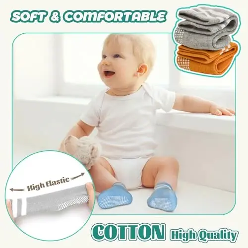HYCLES Toddler Grip Socks, Non Slip Kid Socks Floor Skid Sock with Gripper for 1-10T Boy Girl 6-12 Months Baby - 4
