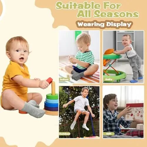 HYCLES Toddler Socks, Non Slip Kid Socks Floor Skid with Grips for 1-10 Yrs | Gripper for Baby Walker, Crew Socks for Boys Girls, Anti-Skid on Floor, Staircase, Double-striped, Black, White, Grey - 6