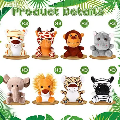 HyDren 24 Pcs Mini Stuffed Forest Animals Bulk Jungle Animal 4.8 Inch Lovely Toys Lion Tiger Elephant Giraffe Plush for Classroom Gift Stockings Filler Christmas (Single Style) - 2