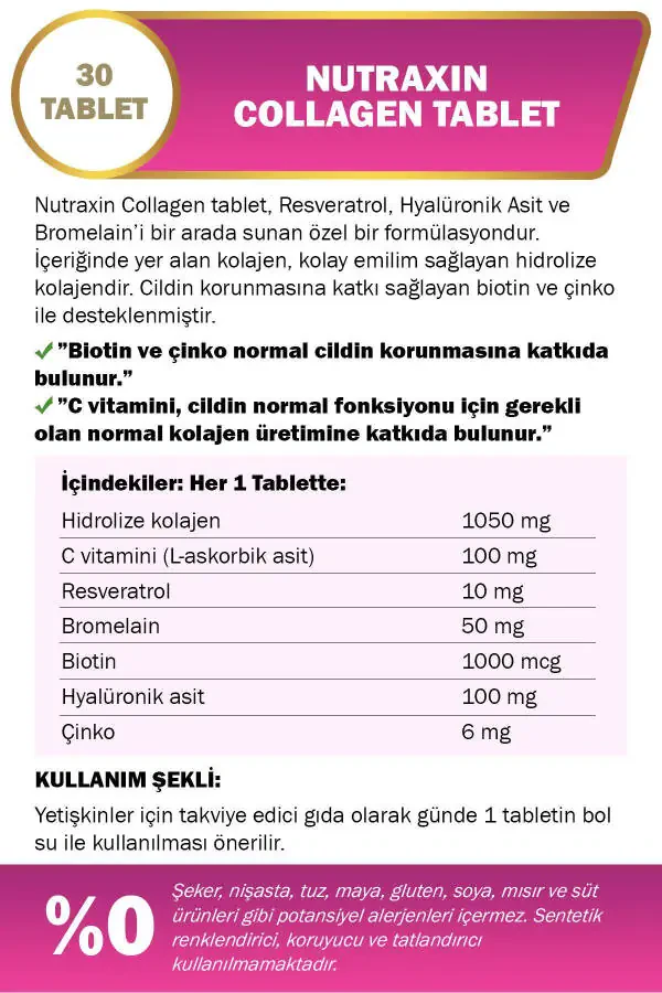 Hydrolyzed Collagen 30 Tablets Type 1 Type 3 - 3