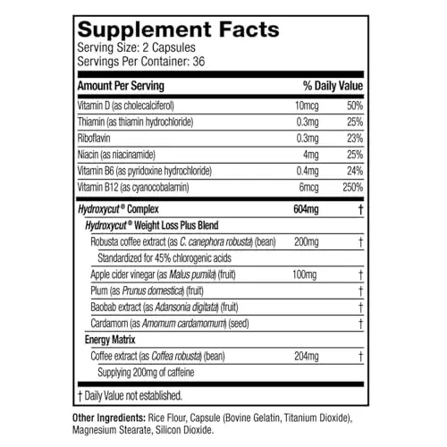 Hydroxycut Original - 72 Rapid-Release Capsules - 200 mg Caffeine - Metabolizmni kuchaytirish, kaloriyalarni yoqish, energiyani oshirish - ayollar va erkaklar uchun - 2