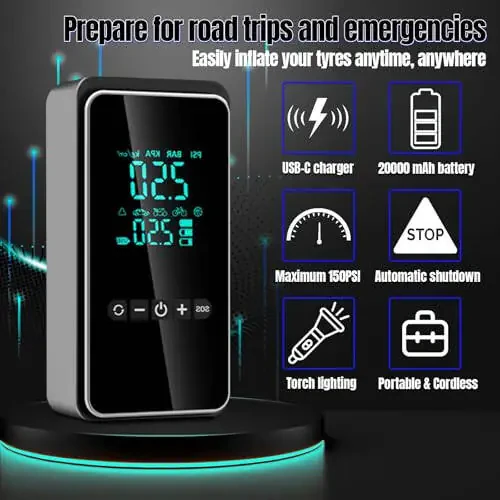 HYHJMISTY Tire Inflator Portable Air Compressor with Tire Repair Kit, 150PSI & 3X Faster Cordless Tire Pump with LCD Dual Display for Car, Bike, Motorcycle, Ball - 3