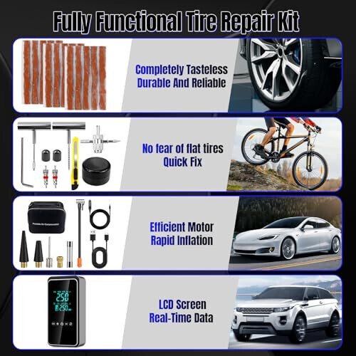 HYHJMISTY Tire Inflator Portable Air Compressor with Tire Repair Kit, 150PSI & 3X Faster Cordless Tire Pump with LCD Dual Display for Car, Bike, Motorcycle, Ball - 6
