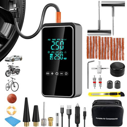 HYHJMISTY Tire Inflator Portable Air Compressor with Tire Repair Kit, 150PSI & 3X Faster Cordless Tire Pump with LCD Dual Display for Car, Bike, Motorcycle, Ball - 1