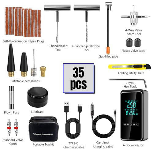 HYHJMISTY Tire Inflator Portable Air Compressor with Tire Repair Kit, 150PSI & 3X Faster Cordless Tire Pump with LCD Dual Display for Car, Bike, Motorcycle, Ball - 2