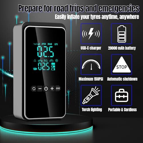 HYHJMISTY Tire Inflator Portable Air Compressor with Tire Repair Kit, 150PSI & 3X Faster Cordless Tire Pump with LCD Dual Display for Car, Bike, Motorcycle, Ball - 3