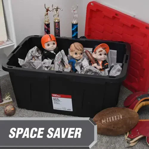 Hyper Tough 27 Gallon Stackable Snap Lid Plastic Storage Bin Container, Black with Red Lid, Set of 4 - 4