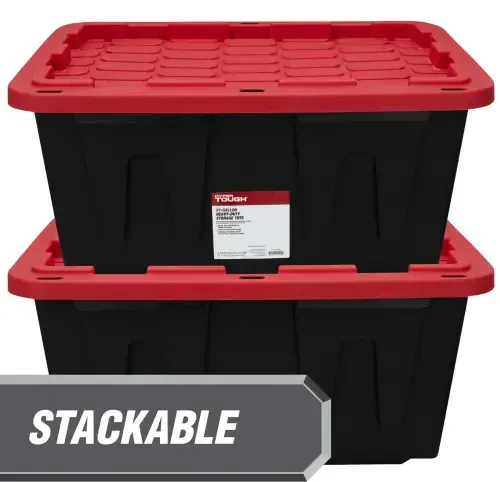 Hyper Tough 27 Gallon Stackable Snap Lid Plastic Storage Bin Container, Black with Red Lid, Set of 4 - 5