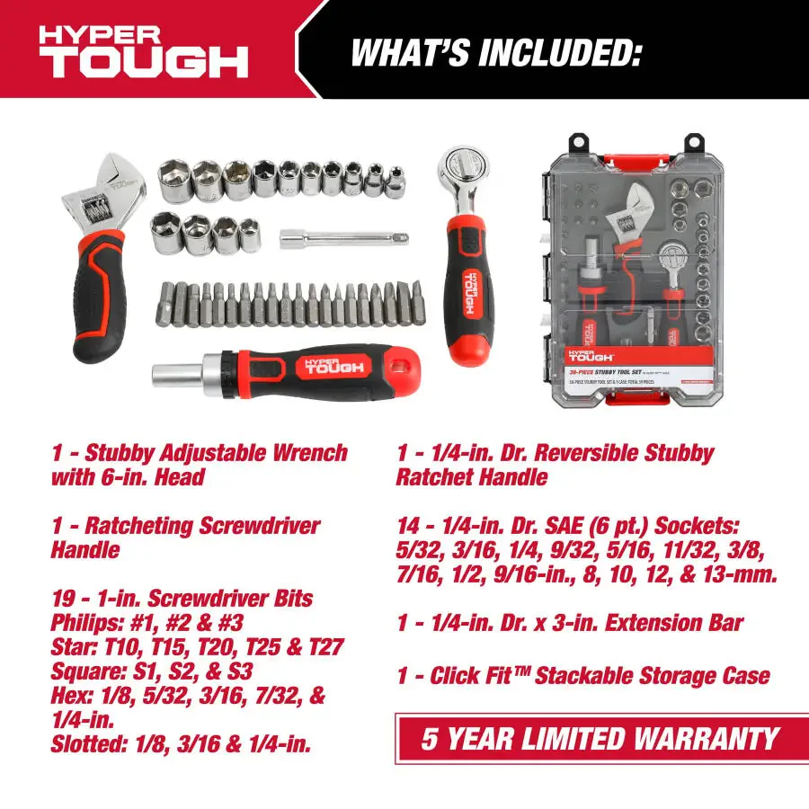 Hyper Tough 38-Piece Stubby Tool Set in Click Fit™ Case, 42031CF - 2