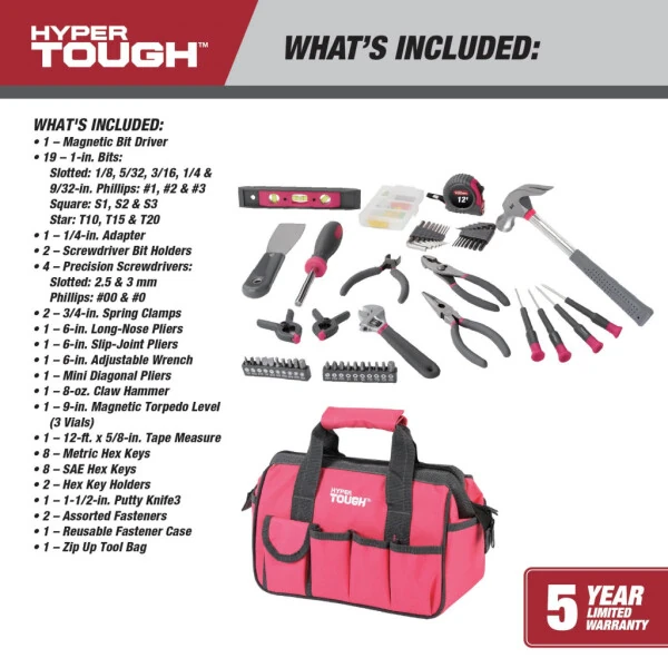Hyper Tough 89-Piece Pink Household Tool Set, 9201 - 4