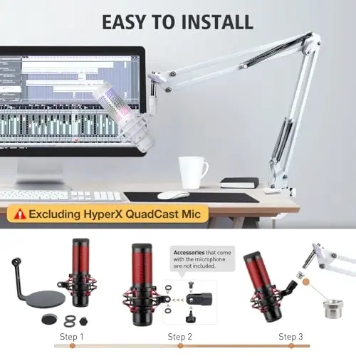 For HyperX QuadCast S White Boom Arm - White Mic Arm Compatible with Hyper x QuadCast, Microphone Boom Arm with Pop Filter, Improve Sound Quality, Mic Boom Arm for Hyperx QuadCast by SUNMON - 2