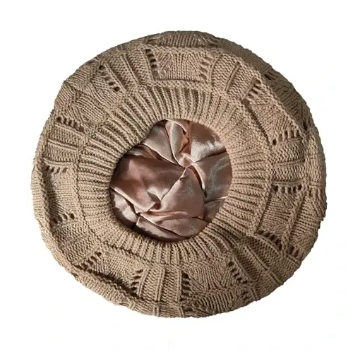 Hysunland Women's Satin Lined Knitted Beret Ladies Winter Autumn Warm and Soft Beanie Hat Solid Color - 2