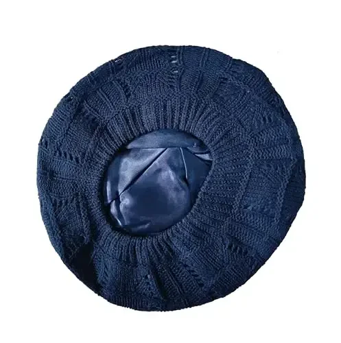 Hysunland Women's Satin Lined Knitted Beret Ladies Winter Autumn Warm and Soft Beanie Hat Solid Color - 2