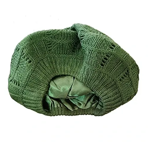 Hysunland Women's Satin Lined Knitted Beret Ladies Winter Autumn Warm and Soft Beanie Hat Solid Color - 5