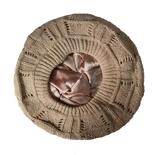 Hysunland Женская вязаная беретка с сатиновой подкладкой, женская зимняя осенняя теплая и мягкая шапка-бини однотонного цвета - 2