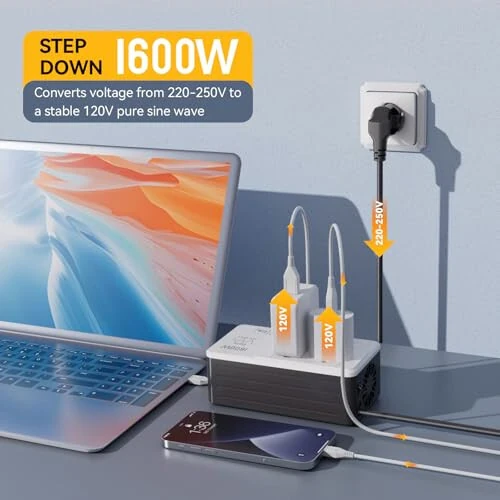 HYTED 1600 Vatli Voltaj Konverteri 220V dan 110V ga Har qanday Amerika apparatlari uchun, masalan, Soch quritgich, Guruch pishirgich, Blender, Qahvaxona, Zaryadlashdan himoya, Yuqori quvvatli pastga tushish transformatori AQSh dan EU/UK/AU/Osiyo ga - 3