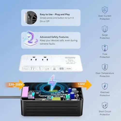 220V to 110V Voltage Converter US to Europe, Universal Adapter Converter for European Travel, 1600W - Plug & Play, Power Any U.S. Appliances Overseas, Step Down Transformer for International Travel - 4