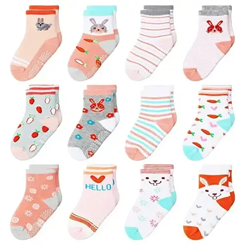 HYzgb 12 Pack Non Slip Kids Toddler Baby Socks with Grips for 1-7 Years Boys Girls Cotton Crew Socks Multi Colors - 1