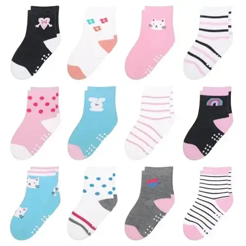 HYzgb 12 Pack Non Slip Kids Toddler Baby Socks with Grips for 1-7 Years Boys Girls Cotton Crew Socks Multi Colors 