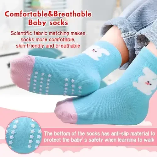 HYzgb 12 Pack Non Slip Kids Toddler Baby Socks with Grips for 1-7 Years Boys Girls Cotton Crew Socks Multi Colors - 2