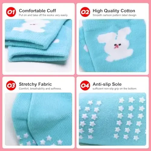 HYzgb 12 Pack Non Slip Kids Toddler Baby Socks with Grips for 1-7 Years Boys Girls Cotton Crew Socks Multi Colors - 4