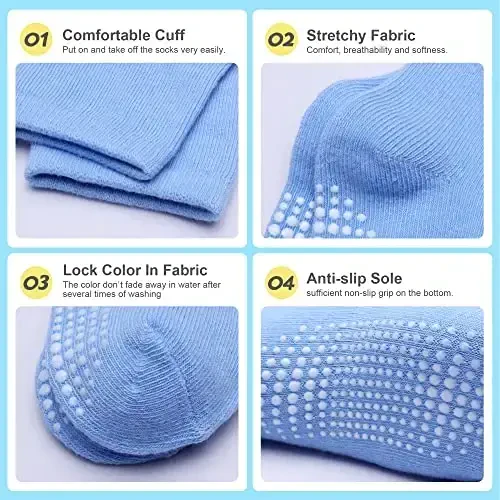 HYzgb 12 Pack Non Slip Kids Toddler Baby Socks with Grips for 1-7 Years Boys Girls Cotton Crew Socks Multi Colors - 4