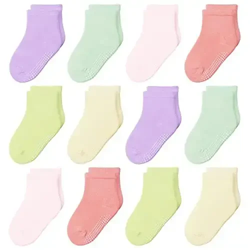 HYzgb 12 Pack Non Slip Kids Toddler Baby Socks with Grips for 1-7 Years Boys Girls Cotton Crew Socks Multi Colors 