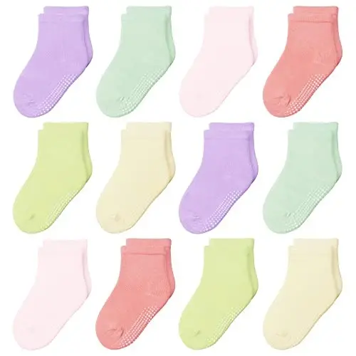 HYzgb 12 Pack Non Slip Kids Toddler Baby Socks with Grips for 1-7 Years Boys Girls Cotton Crew Socks Multi Colors - MODAZONE