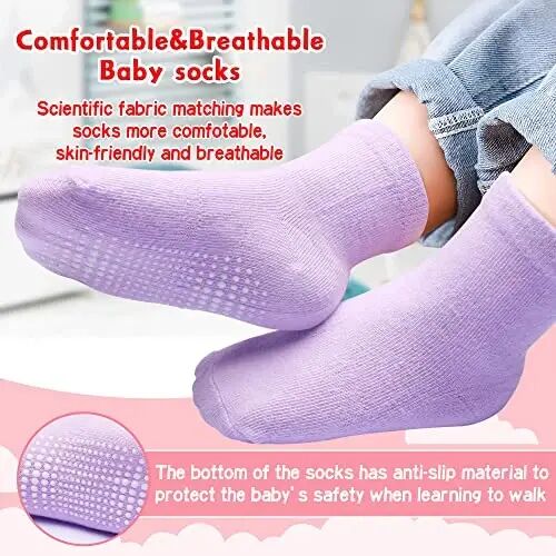 HYzgb 12 Pack Non Slip Kids Toddler Baby Socks with Grips for 1-7 Years Boys Girls Cotton Crew Socks Multi Colors - 2