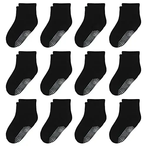 HYzgb 12 Pack Non Slip Kids Toddler Baby Socks with Grips for 1-7 Years Boys Girls Cotton Crew Socks Multi Colors 