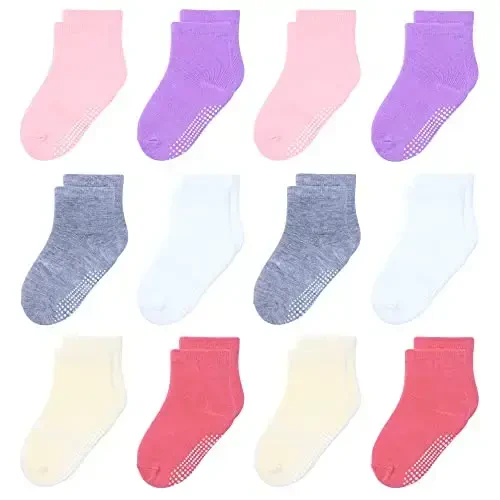 HYzgb 12 Pack Non Slip Kids Toddler Baby Socks with Grips for 1-7 Years Boys Girls Cotton Crew Socks Multi Colors - MODAZONE